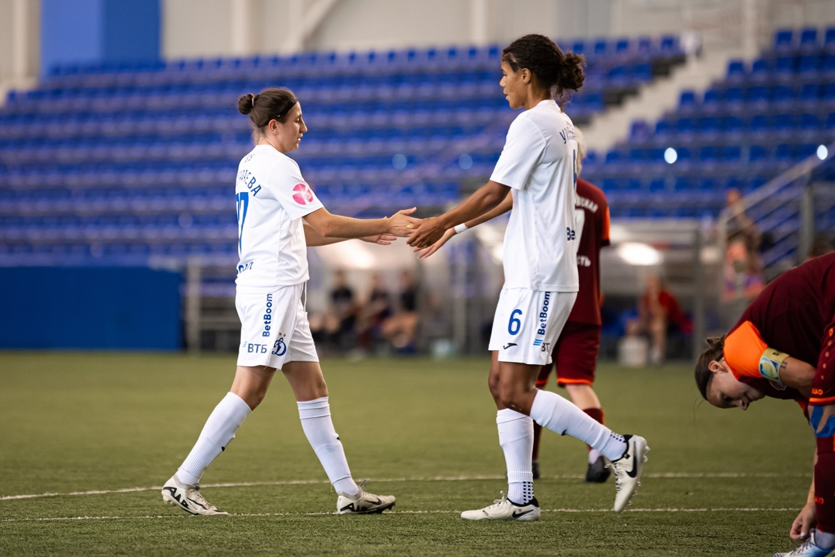 Lamunat Mustafayeva (left), who scored her first goal for Dynamo in this game, gives way to Kaylan Williams, who at the end of the match will score her 16th goal for the blue and white  