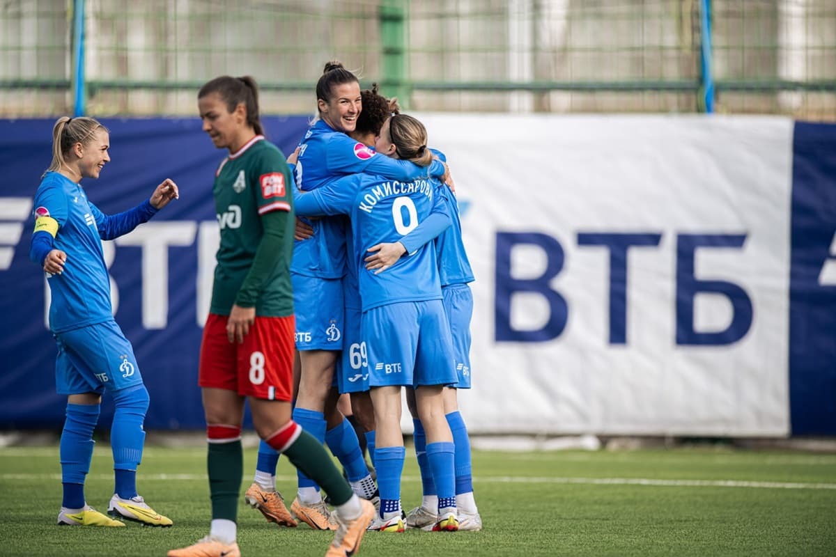 Dynamo football players celebrate one of three goals against Lokomotiv in the Super League match