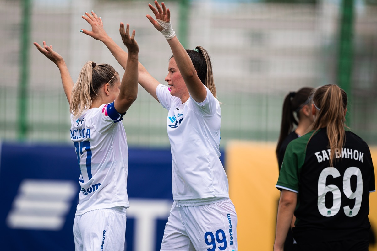 Helena Bozic (right) and Yulia Bessolova celebrate a goal against Krasnodar