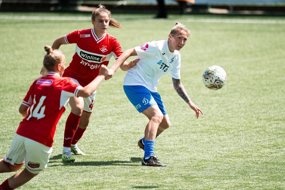 Kristina Yakovenko surrounded by WFC Spartak football players