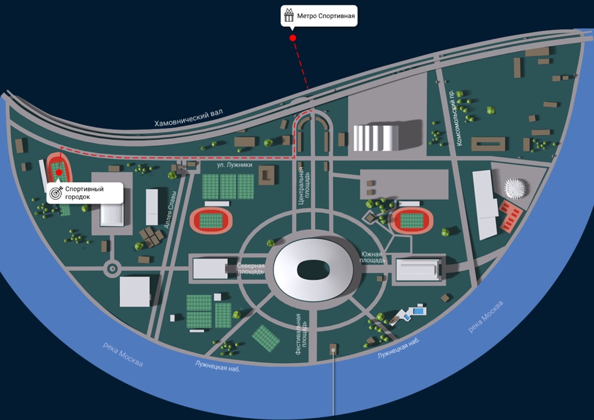 Расположение стадиона «Спортивный городок» в Лужниках. Источник: luzhniki.ru